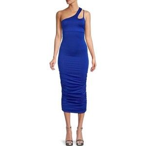 The Fashion Poet Dress Women’s Sz XL Blue One Shoulder Ruched Midi